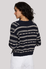 Autumn Cashmere - Cropped V Neck Cardigan in 2-Tone Texture Stitch - NAVYSAND