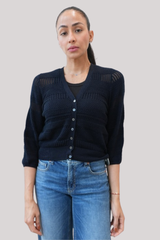 Autumn Cashmere - Pointelle 3/4 Puff Sleeve Cardigan - NAVYBLUE