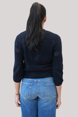 Autumn Cashmere - Pointelle 3/4 Puff Sleeve Cardigan - NAVYBLUE