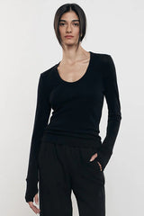 Enza Costa - Cashmere Easy Cuffed U-Neck Top - BLACK