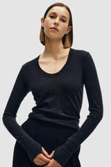Enza Costa - Cashmere Easy Cuffed U-Neck Top - CHARCOAL