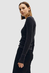 Enza Costa - Cashmere Easy Cuffed U-Neck Top - CHARCOAL
