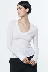 Enza Costa - Cashmere Easy Cuffed U-Neck Top - WHITE