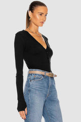 Enza Costa - Cashmere Long Sleeve Cuffed Henley - BLACK