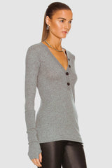 Enza Costa - Cashmere Long Sleeve Cuffed Henley - SMOKE