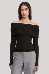 Enza Costa - Silk Rib Long Sleeve Off-Shoulder Top - BLACK
