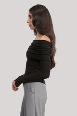 Enza Costa - Silk Rib Long Sleeve Off-Shoulder Top - BLACK