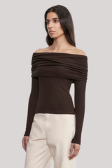 Enza Costa - Silk Rib Long Sleeve Off-Shoulder Top - COFFBEAN