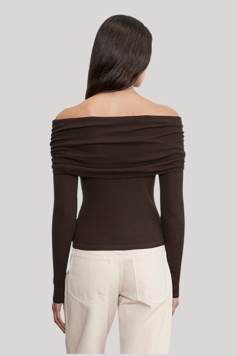 Enza Costa Silk Rib Long Sleeve Off-Shoulder Top