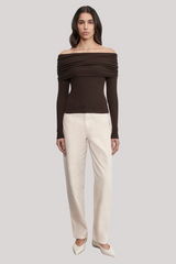 Enza Costa - Silk Rib Long Sleeve Off-Shoulder Top - COFFBEAN