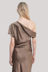 Enza Costa - Silk Satin Asymmetrical Drape Top - MUSHROOM