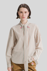 Forte_Forte - “Bouquet” Embroidery Striped Taffetas Shirt - ROSE