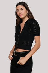 L'agence - Ninette Pointelle Grosgrain Short Sleeve Cardigan - BLACK