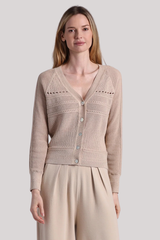 Minnierose - Cotton Cashmere Pointelle Mix V Neck Cardi - BRWSUGAR