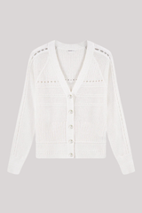 Minnierose - Cotton Cashmere Pointelle Mix V Neck Cardi - WHITE