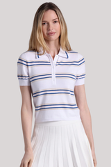 Minnierose - Viscose Short Sleeve Striped Polo With Tipping - WHITECOM