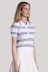 Minnierose - Viscose Short Sleeve Striped Polo With Tipping - WHITECOM