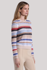 Minnierrose - Cotton Cashmere Plaited Mesh Stripe Long Sleeve Crew - MULSTRIP