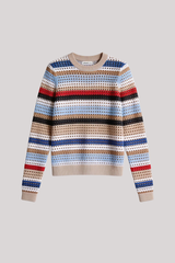 Minnierrose - Cotton Cashmere Plaited Mesh Stripe Long Sleeve Crew - MULSTRIP