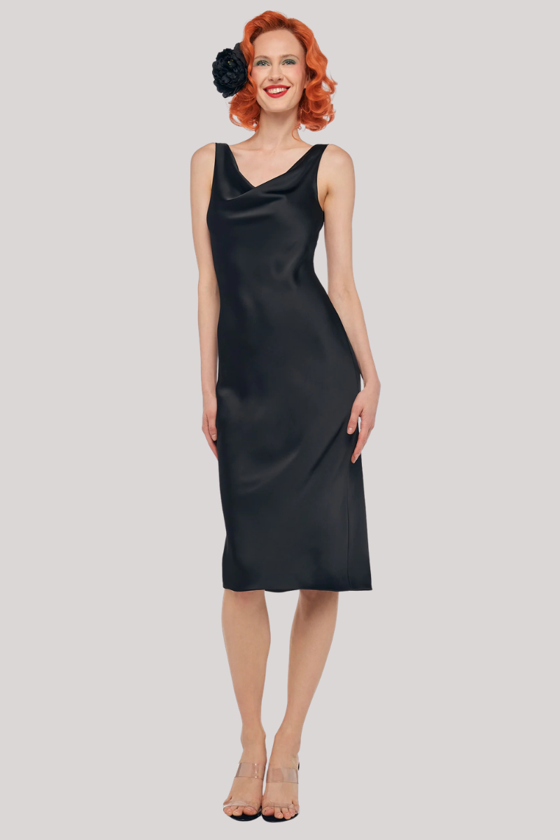 Norma Kamali Maria Cowl-Neck Satin Midi Dress, Black, Women's, M, Cocktail & Party Wedding Guest Dresses Satin & Silk Dresses