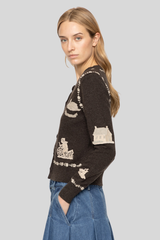 Sea Ny - Margeurite Lace Patch Long Sleeve Cardigan - COFFEE