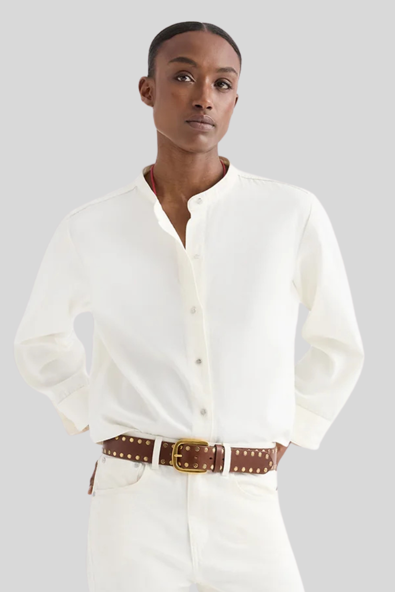 TWP Women's Stand Collar Cut Off Shirt in Japanese Denim - White