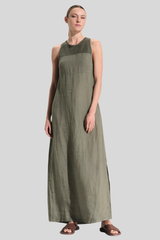 Transit - Long Sleeveless Linen Dress - GREEN