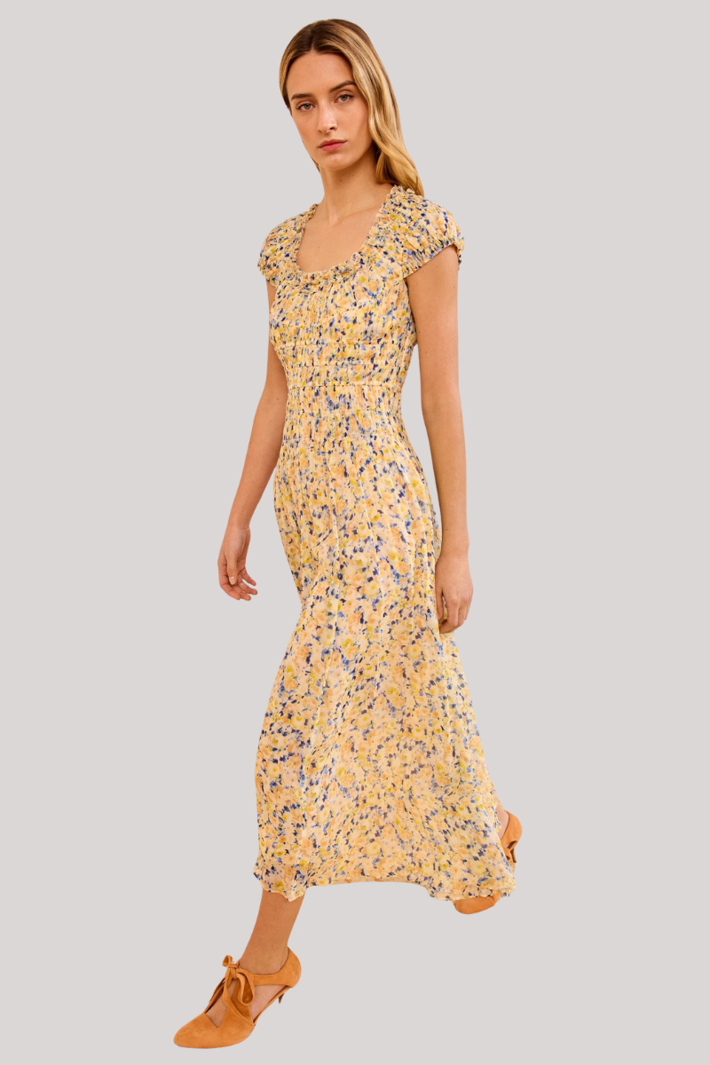 ulla johnson midi dress Women's Calliope Floral Silk Midi-Dress - Daffodil seam side pockets Ellis Cable Knit Twofer Size:34 - Ready To Wear Spectator Shoes