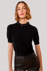 Ulla Johnson - Liv Embroidered Cashmere Short Sleeve Knit - NOIR