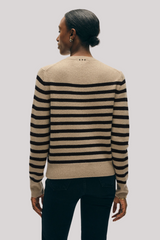 White + Warren - Cashmere Striped Crewneck - KHAKIBLK