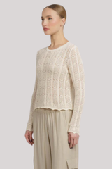 White + Warren - Cotton Crochet Crewneck - CREAM