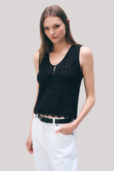 White + Warren - Cotton Pointelle Tank Top - BLACK