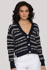 Autumn Cashmere - Cropped V Neck Cardigan in 2-Tone Texture Stitch - NAVYSAND