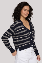 Autumn Cashmere - Cropped V Neck Cardigan in 2-Tone Texture Stitch - NAVYSAND