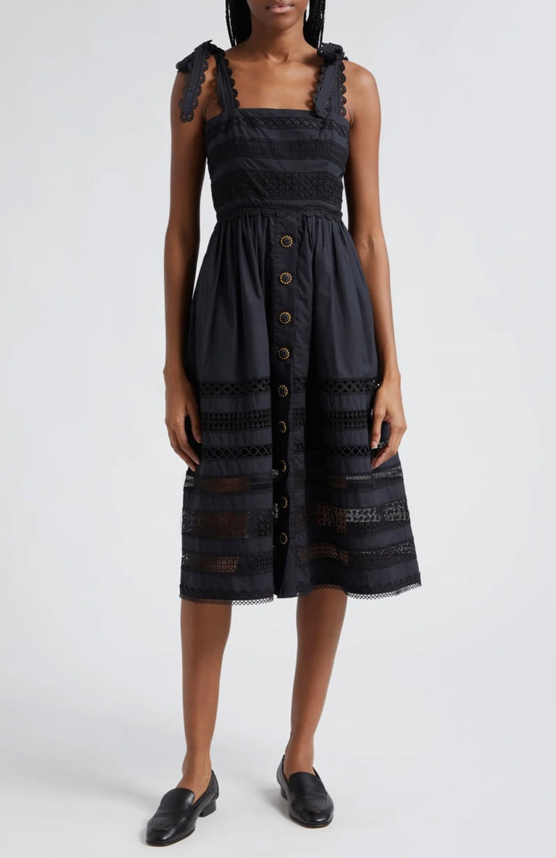 Cara Cara - Nidhi Embroidered Stripe Midi-Dress - BLACK