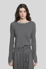 Enza Costa - Cashmere Jersey New Classic Crew in Mini Stripe - SMOKEBLK