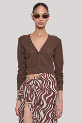 Enza Costa - Linen Open Knit Cropped V Neck Cardigan - CHOCOLAT