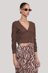 Enza Costa - Linen Open Knit Cropped V Neck Cardigan - CHOCOLAT