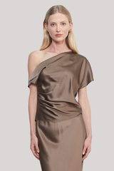 Enza Costa - Silk Satin Asymmetrical Drape Top - MUSHROOM