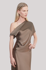 Enza Costa - Silk Satin Asymmetrical Drape Top - MUSHROOM