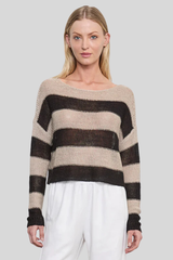 Enza Costa - Stripe Linen Bateau Sweater - OATBLACK