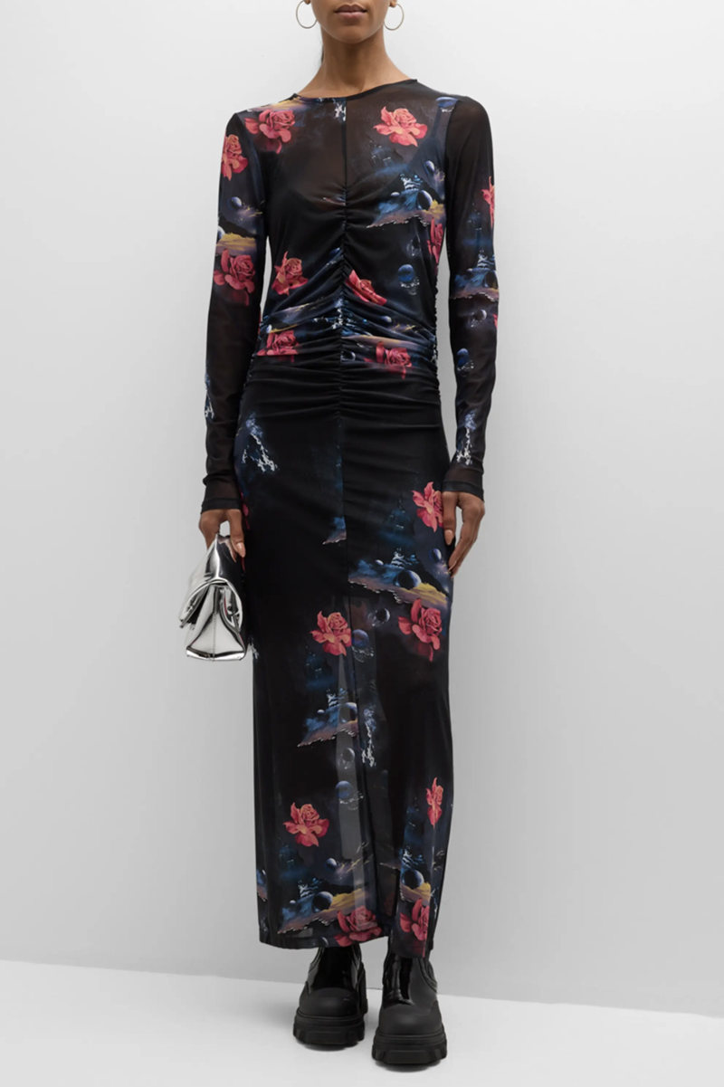 Ganni - Ruched Long-Sleeve Floral Mesh Dress - BLACK