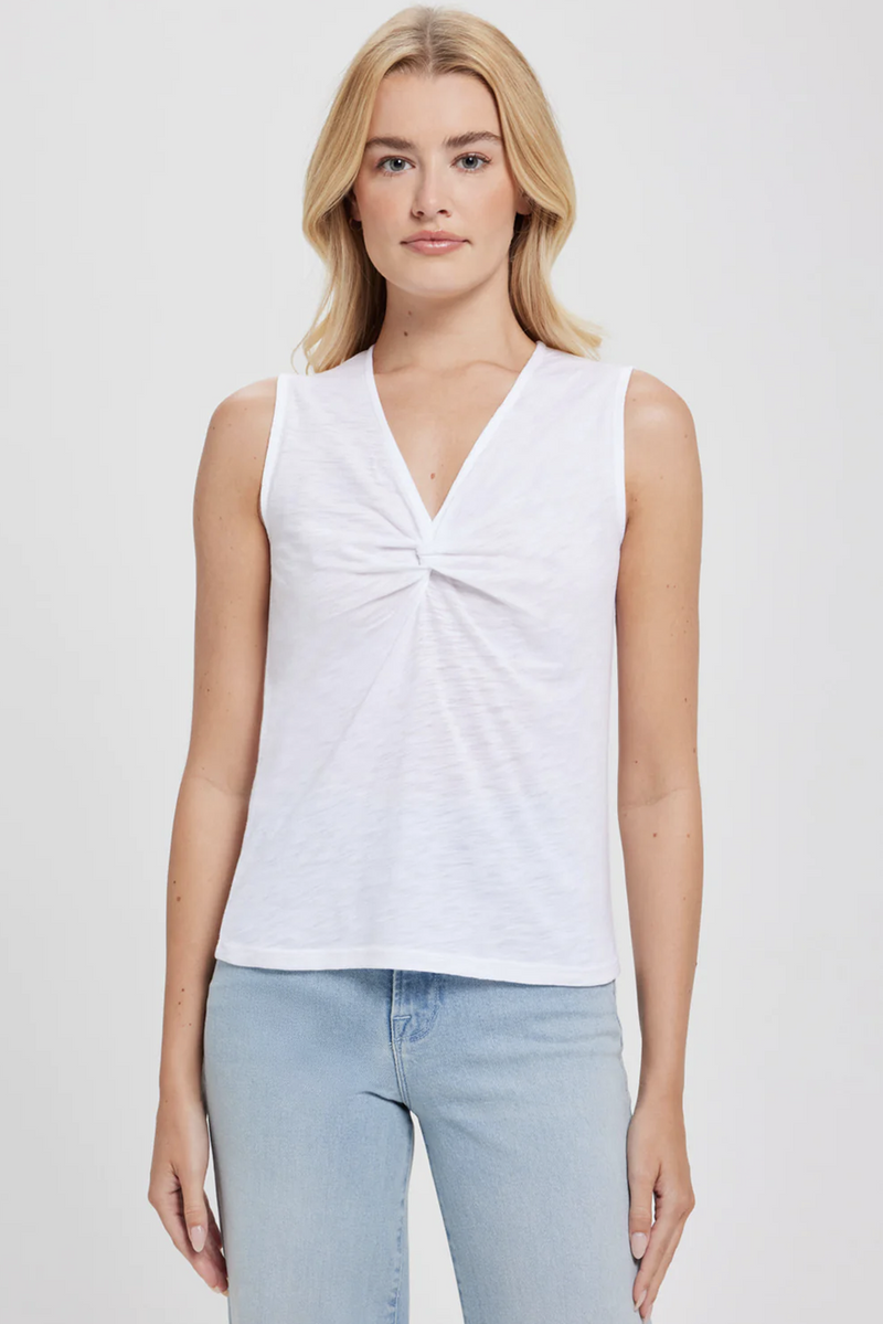Goldie - Sleeveless Knot Front Vee Neck Tank - WHITE