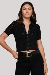 L'agence - Ninette Pointelle Grosgrain Short Sleeve Cardigan - BLACK