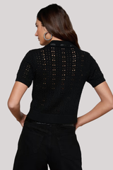 L'agence - Ninette Pointelle Grosgrain Short Sleeve Cardigan - BLACK