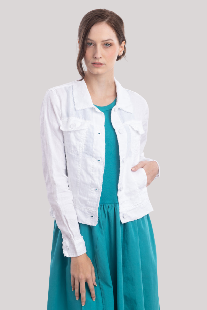 Luna Luz - Frayed Linen Jean Jacket - WHITE