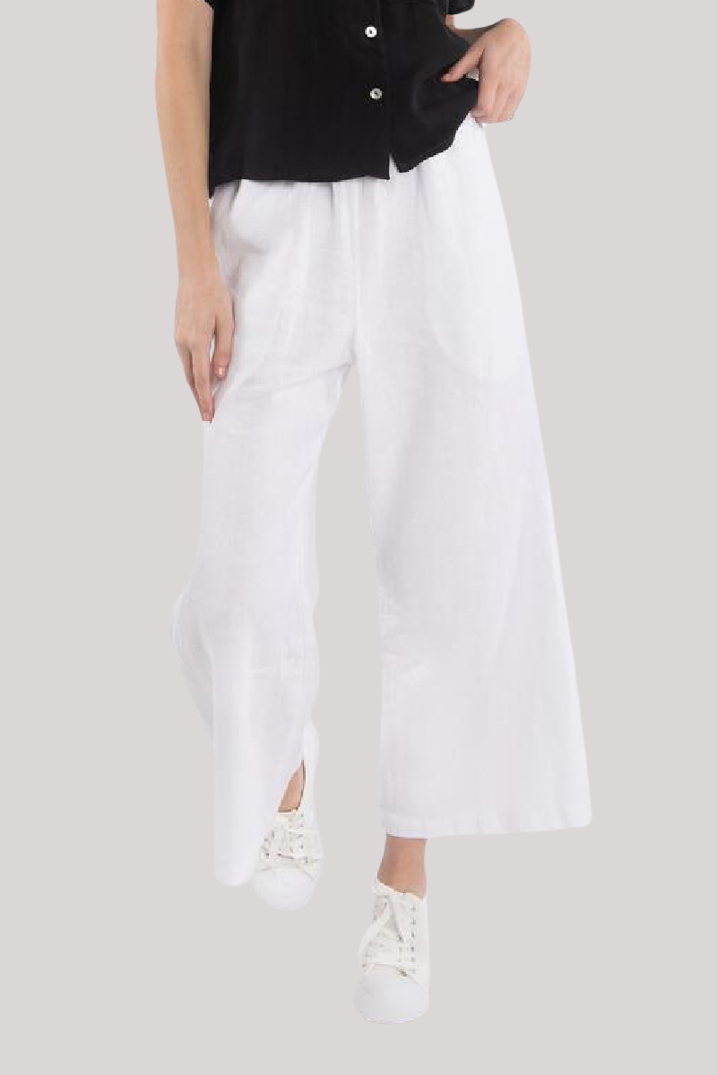 Luna Luz - Wide Leg Linen Ankle Pant - WHITE