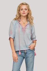 M.A.B.E - Talia Embroidered Short Sleeve Top - LTBLUERO