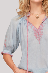M.A.B.E - Talia Embroidered Short Sleeve Top - LTBLUERO