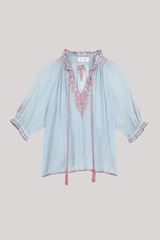 M.A.B.E - Talia Embroidered Short Sleeve Top - LTBLUERO
